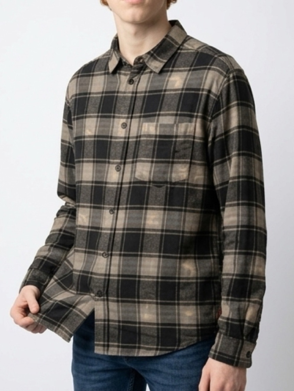 Urban Outfitters BDG - Black and Tan Plaid Button-Down Flannel Shirt - Medium